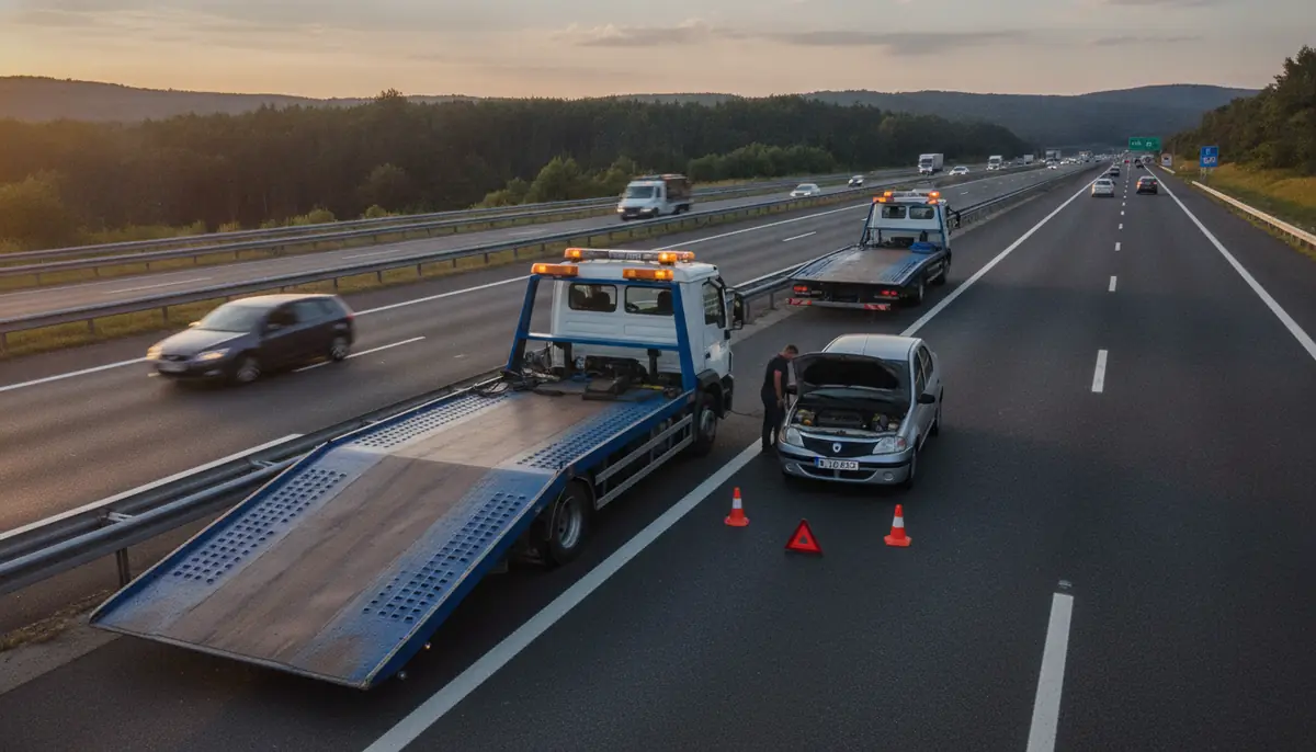 Tractare pe autostradă cu semnalizare de siguranță