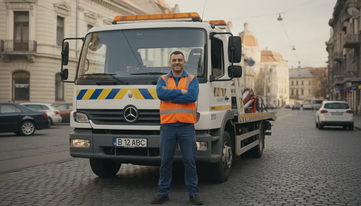 Echipajul Tractări Cluj în fața platformei de tractare