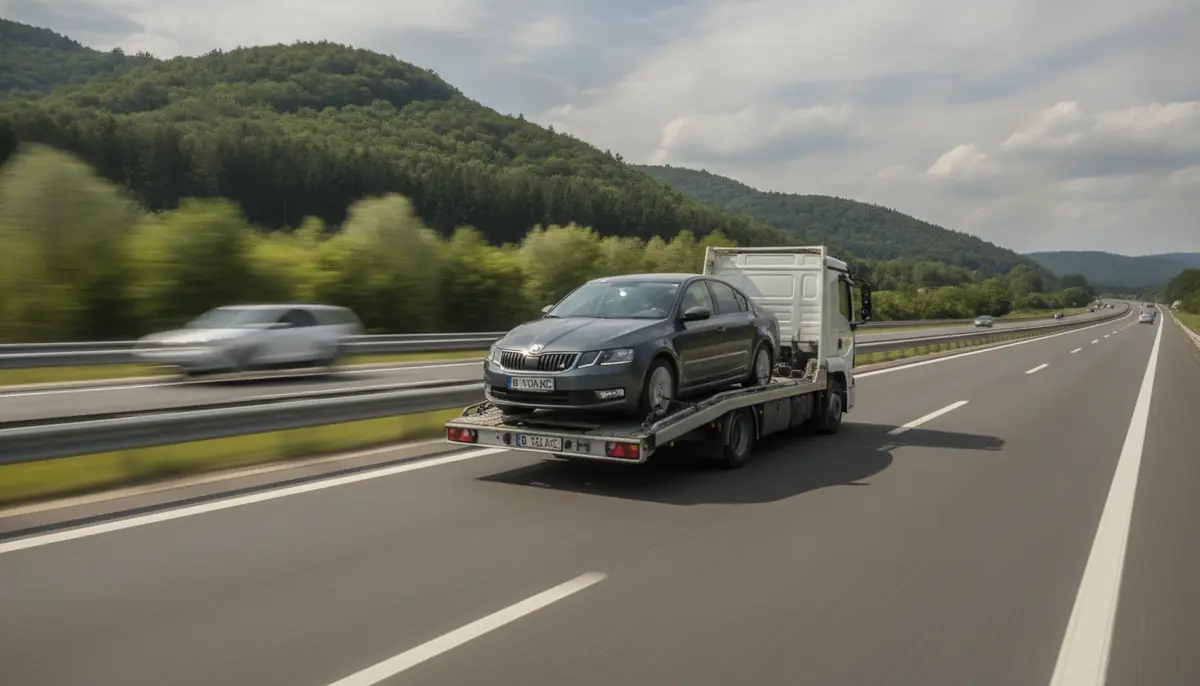 Transport auto pe platformă pe autostradă